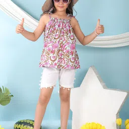 Sangria Girls Printed Pure Cotton Top With Shorts Clothing Set-image-51