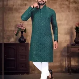 joshi fashion Men Embroidered Straight Kurta (Dark Green)-image-92