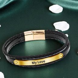 M Men Style Men Gold-Plated Leather Wraparound Bracelet-image-78