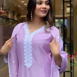 KALINI Floral Embroidered V-Neck Kurta With Trouser And Dupatta-20