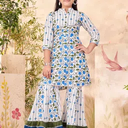 Sangria Girls Floral Printed Pure Cotton A Line Kurti With Sharara-image-61