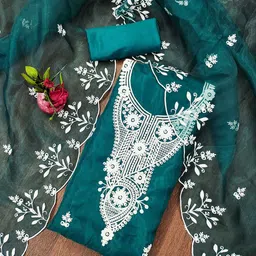 HERE&NOW Floral Embroidered Thread Work Organza Unstitched Dress Material-picture-42