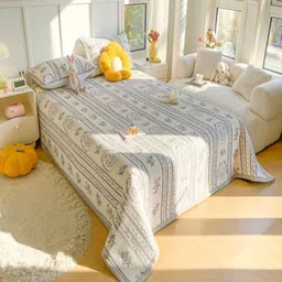 JC HOME White & Grey Floral Printed 162 TC Double King Bed Cover With 2 Pillow Covers-image-42