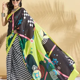 RACHNA Checked Poly Crepe Block Print Saree image 5