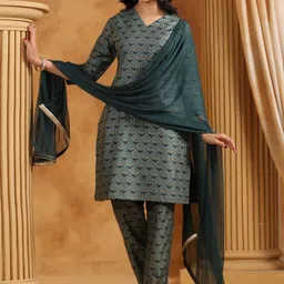 Span Women Ethnic Motifs Printed Regular Pure Silk Kurta with Trousers & With Dupatta image 5