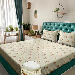 Klotthe Yellow & Orange Floral Printed 400 TC Cotton King Bedsheet Set 2.50 m x 2.25 m-33