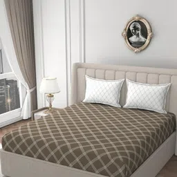 HIDECOR Beige & Off White Checked 210 TC King Bedsheet with 2 Pillow Covers-picture-42