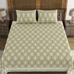 BLOCKS OF INDIA Green & White Ethnic Motifs 210 TC King Bedsheet with 2 Pillow Covers-image-73