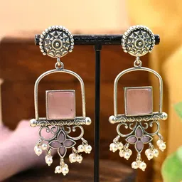 Zoey Silver Plated Artificial Stones Studded & Beaded Oxidised Contemporary Drop Earrings-3
