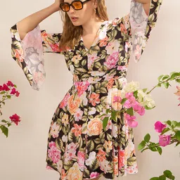 CORSICA Floral Print Flutter Sleeves Pleated A-Line Mini Dress-picture-8