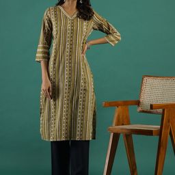 Sangria Musturd Striped V-Neck Pure Cotton Straight Kurta With Trousers-40