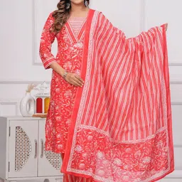 WESTERN COTTON Floral Printed Pure Cotton V-Neck Straight Kurta With Palazzos And Dupatta-27