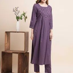 INDYES Floral Printed Round Neck Thread Work Pure Cotton Straight Kurta With Trousers-picture-41