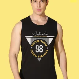 WOOSTRO Pack Of 2 Printed Super Combed Cotton Gym Vests VWS26(ALONE YELLOW)(98 BLACK)-image-98
