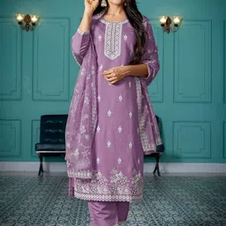 Sangria Embroidered A-Line Kuta With Pyjamas & Dupatta-image-96