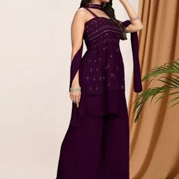 PARROT CREATION Embroidered Straight Sequinned Kurti With Sharara And Dupatta image 4