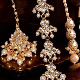Anouk Set of 3 Kundan Studded & Pearls Beaded Maang Tikkas-image-42