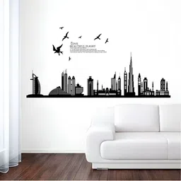 Aura Black Burj Khalifa Dubai Skyline With Flight Printed Self Adhesive Wall Sticker-image-19