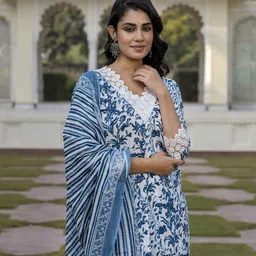 KALINI Women Floral Printed Regular Pure Cotton Kurta with Trousers & With Dupatta-image-56