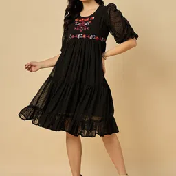 Azira Embroidered Puff Sleeve Crepe Fit & Flare Midi Dress-image-4
