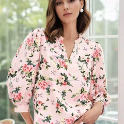 Stylecast X Slyck Women Floral PrinedMandarin Collar Puff Sleeve Top-image-31