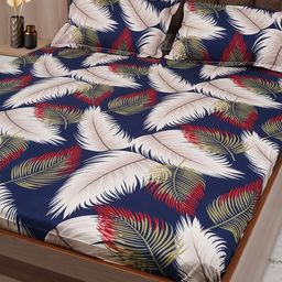 Adwitiya Blue & White Feather Printed 210 TC Double Queen Bedsheet with 2 Pillow Covers-image-40