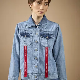 DOLCE CRUDO Women Washed Denim Jacket with Patchwork-image-53