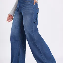 glitchez Women Strap Detail Asymmetric Closure Wide Leg Jeans-image-38