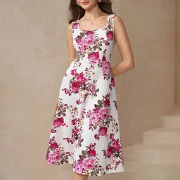 KOTRONS Women Floral Printed Square Neck Casual Fit and Flare Dress-image-15