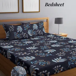 Aura Black & Blue Floral Printed 300 TC King Bedsheet Set 2.50 m x 2.15 m-16