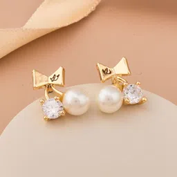 GC PREMIUM JEWELLERY Stainless Steel Gold-Plated Crystals & Pearls Studded Bow Studs-7