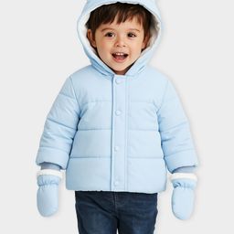 MiArcus Sky Blue Long Sleeves Solid Puffer Jacket with Mittens Set-picture-9