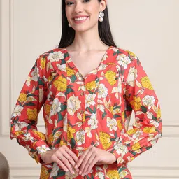 Moda Rapido Women Floral Printed Organic Cotton V-Neck Shirt Style Top-picture-24