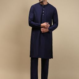 WHITE HEART Band Collar Straight Kurta With Pyjamas-image-87