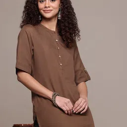 Popnetic Band Collar Roll-Up Sleeves Straight Kurta-picture-48