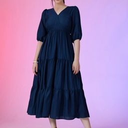 Femvy Women V-Neck Bishop Sleeves Tiered Fit & Flare Midi Dress-picture-49