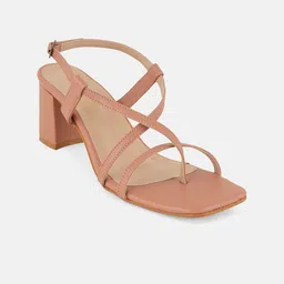 Rubeezz Women Striped PU Party Block Sandals with Buckles-9