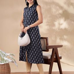 Anouk Floral Printed Shirt Collar Sleeveless Cotton Straight Kurta-image-47