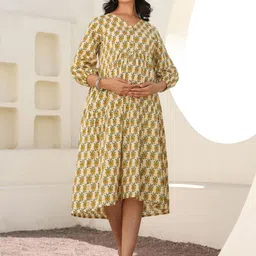 Janasya Women Cream Pure Cotton Floral Printed A-line Maternity Dress-image-81