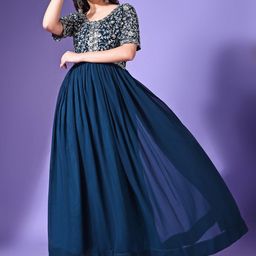 KALINI Floral Embroidered Round Neck Gathered Georgette Fit & Flare Maxi Ethnic Dress-image-97