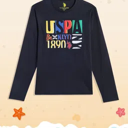 U.S. Polo Assn. Kids Boys Navy Blue Brand Logo Print Round Neck Pure Cotton T-shirt-image-46