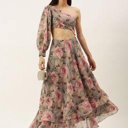 Ethnovog Grey  Pink Made To Measure Floral Cut-out Georgette Maxi Dress-image-72