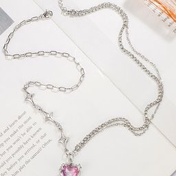 FIMBUL Stainless Steel Heart & Star Charm Stone-Studded Layered Necklace-image-34