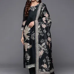 Varanga Floral Embroidered Chanderi Silk Straight Kurta & Trousers With Dupatta-41