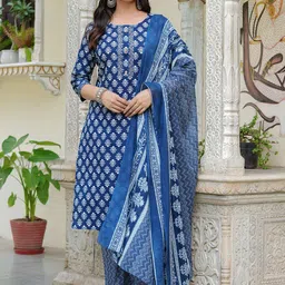 KALINI Women Ethnic Motifs Printed Regular Beads and Stones Pure Cotton Kurta with Palazzos & With Dupatta-11