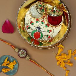 Anouk Set Of 3 Stones Studded And Beaded Floral Thread Rakhis With Card & Pooja Thali-3
