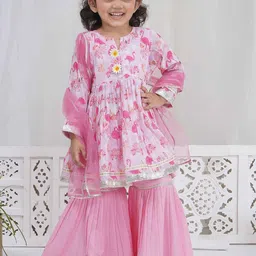 Little Bansi Girls Floral Printed Cotton A-Line Kurta with Sharara & Dupatta-image-49