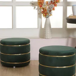 Shadowkart Set Of 2 Green Wooden Round Shaped Ottomans-5