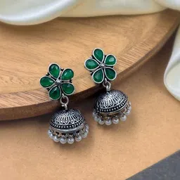 NAMAN ARTS Silver-Plated Stones Studded and Beaded Dome Shaped Oxidised Jhumkas-image-2