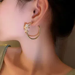 Estailo fashion Gold Plated Stones Studded and Beaded Circular Shaped Hoop Earrings-image-61